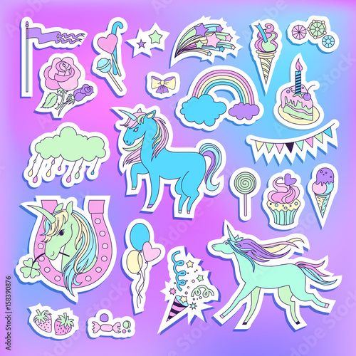 Unicorn multicolor stickers with unicorns, balloons, cake, sweets, ice-cream, cloud, stars, fireworks and flag