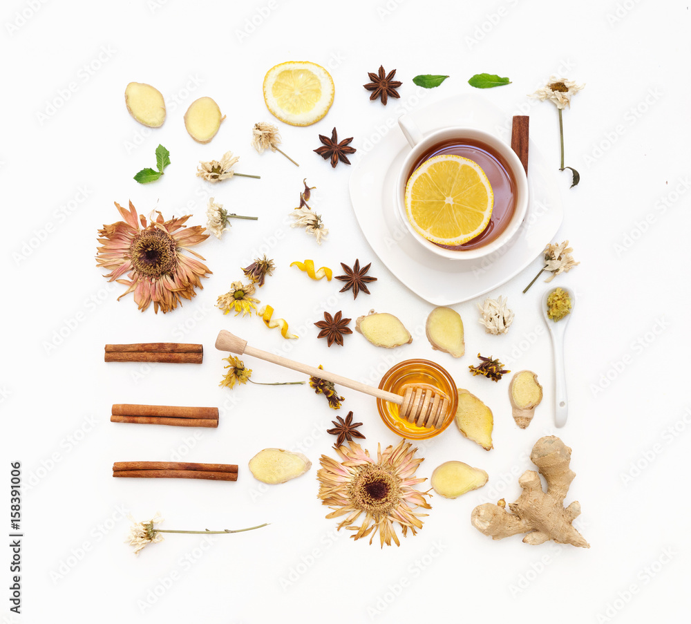 Herbal tea cooking set. Fresh mint, honeycombs, lemon, ginger on white background. Flat lay, top view, copy space