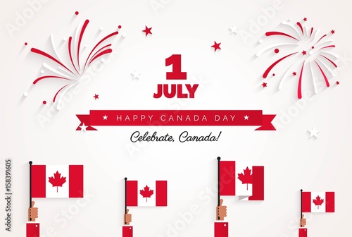 1st of July. Happy Canada Day greeting card. Celebration background with fireworks, flags and text. Vector illustration