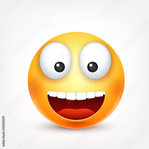 Smiley, happy emoticon. Yellow face with emotions. Facial expression. 3d realistic emoji. Funny cartoon character.Mood. Web icon. Vector illustration.