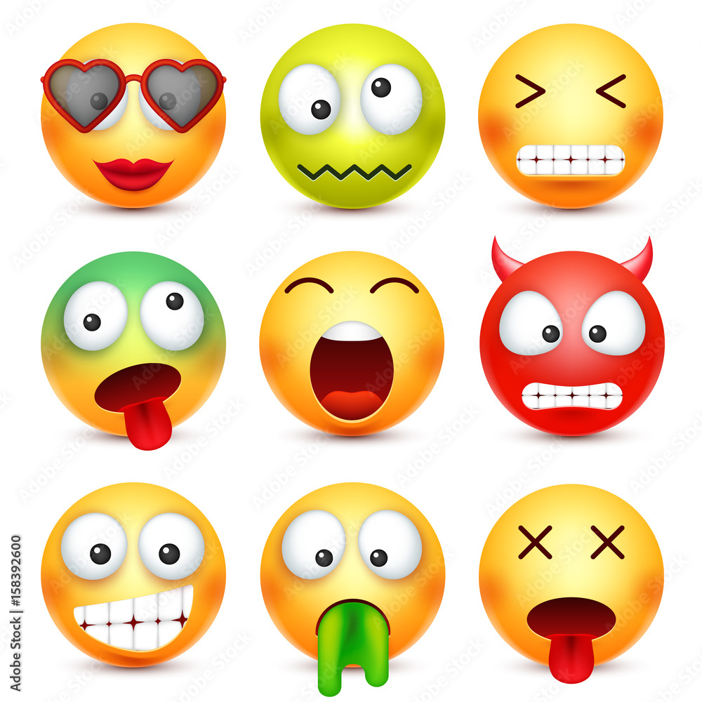 Smiley set. Green,red,happy,sad,ill,tired emoticon. Yellow face with emotions. Facial expression. 3d realistic emoji. Funny cartoon character.Mood. Web icon. Vector illustration. Smiley set. Green,red,happy,sad,ill,tired emoticon. Yellow face with emotions. Facial expression. 3d realistic emoji. Funny cartoon character.Mood. Web icon. Vector illustration.