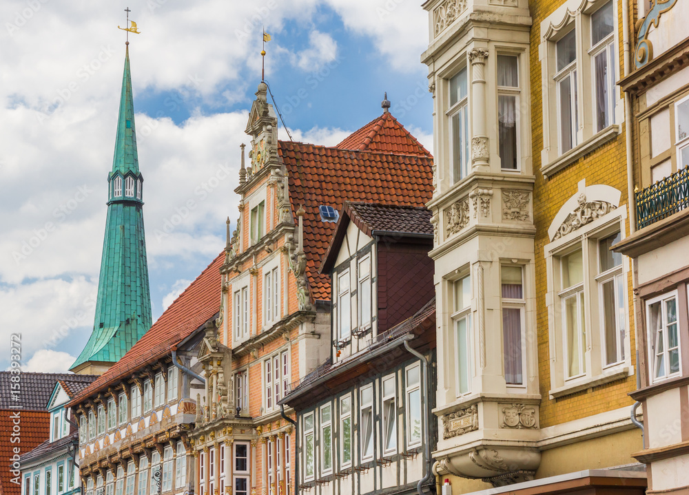 Colorful facades and church tower in the center of Hameln