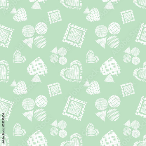 Seamless vector geometrical pattern with icons of playing cards. background with hand drawn textured geometric figures. Pastel Graphic illustration Template for wrapping, web backgrounds, wallpaper