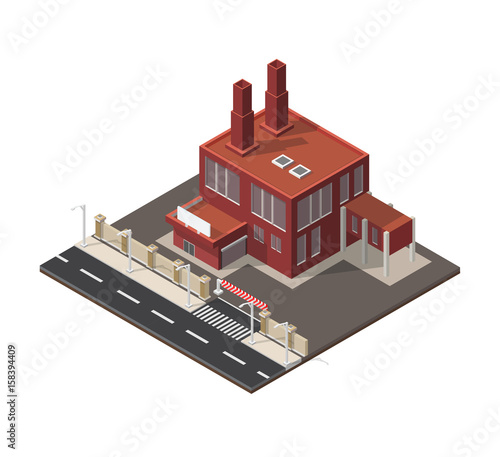 Vector isometric illustration city factory building facades landscape.