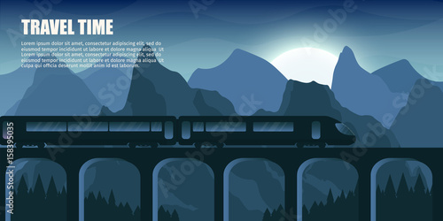 Travel train outdoor with mountains bridge colorful vector flat banners tourism banner set.