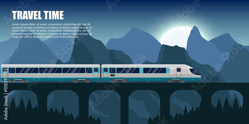 Travel train outdoor with mountains bridge colorful vector flat banners tourism banner set.