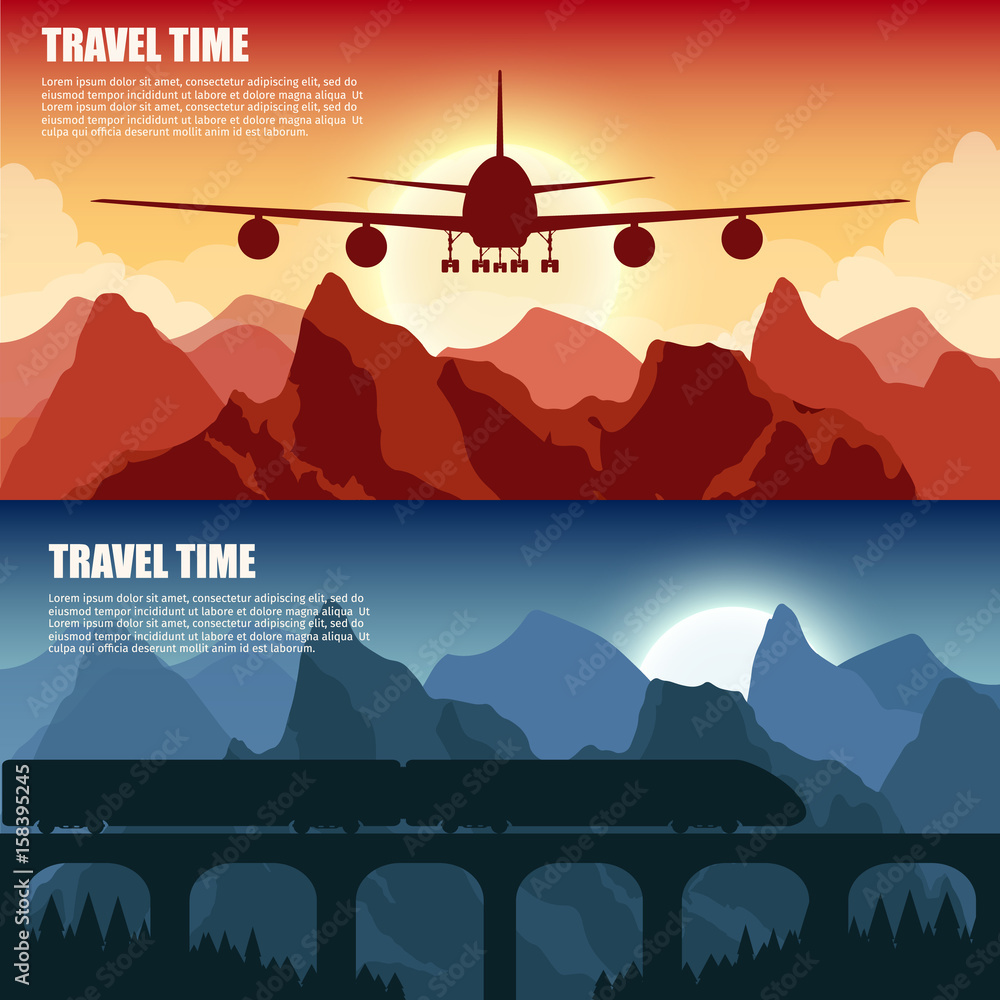 Travel train and airplane outdoor with mountains colorful vector flat ...