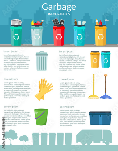 Garbage truck infographics sorting bins of recycling concept ship the trash Ecology and city background
