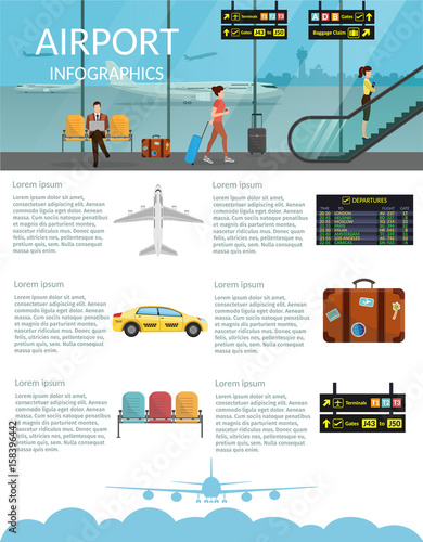 Airport passenger terminal and waiting room. International arrival departures background vector illustration airplane infographic 