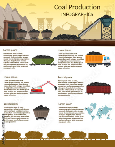 Coal mining industry and transportation infographics elements isolated vector technics building of set 