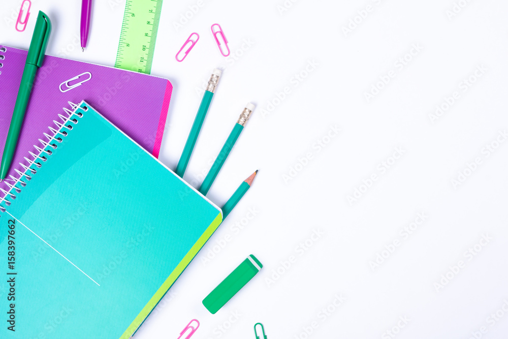 School stationery on white background with copyspace School stationery on white background with copyspace