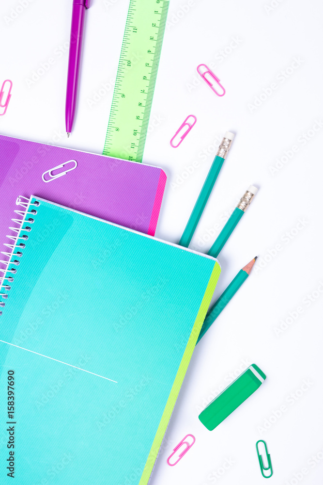 School stationery on white background with copyspace School stationery on white background with copyspace