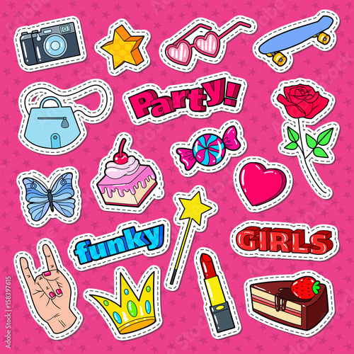 Teenager Girl Fashion Set with Heart  Butterfly and Sweet Food. Vector Stickers  Badges  Patches