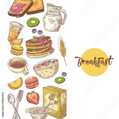 Healthy Breakfast Hand Drawn Design with Cornflakes, Fruits and Bakery. Eco Food. Vector illustration