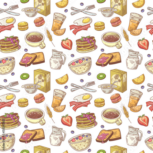 Hand Drawn Breakfast Seamless Pattern with Pancakes, Fruits and Milk. Healthy Food Background. Vector illustration
