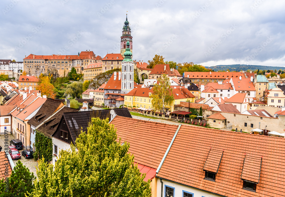 Beautiful view to church and castle in Cesky Krumlov, Czech republic