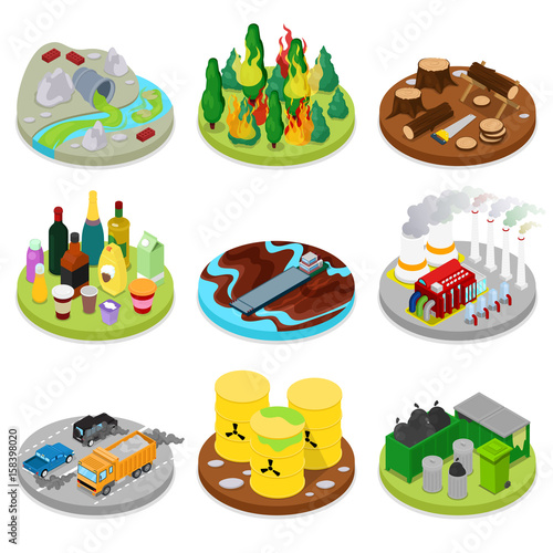 Isometric Environmental Pollution Set. Chemical Waste. Dirty Water. Industrial Building. Vector flat 3d illustration