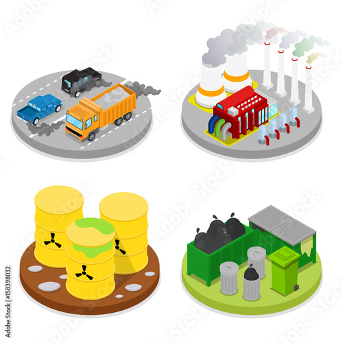 Isometric Environmental Pollution Set. Chemical Waste. Industrial Building. Vector flat 3d illustration