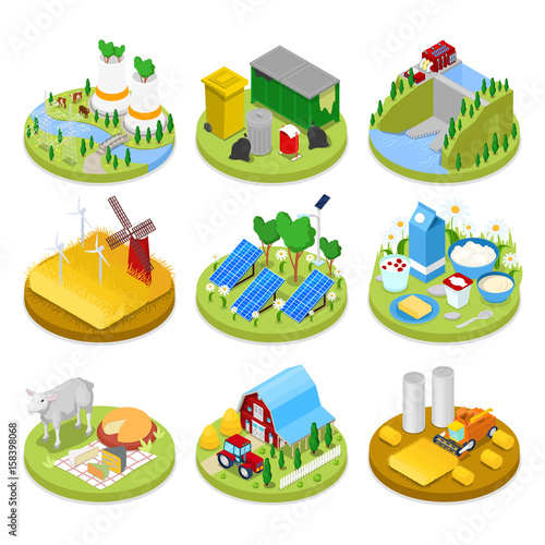 Isometric Ecology Concept. Renewable Energy. Agriculture Industry. Healthy Natural Food. Vector flat 3d illustration