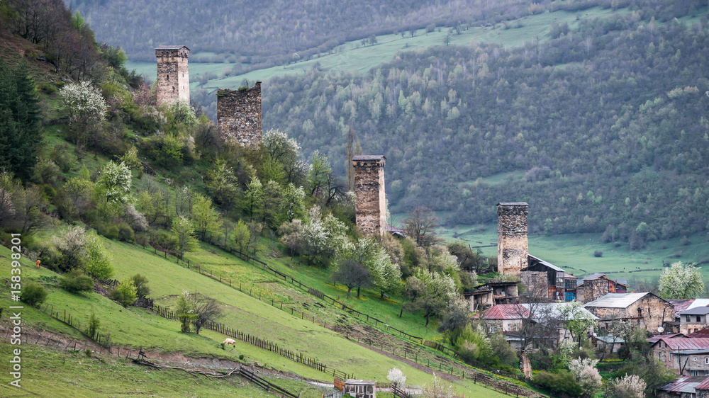 Svan watching towers in northwest Georgia (Svaneti), in the Caucasus Mountains. Traditional defenses in Georgia.