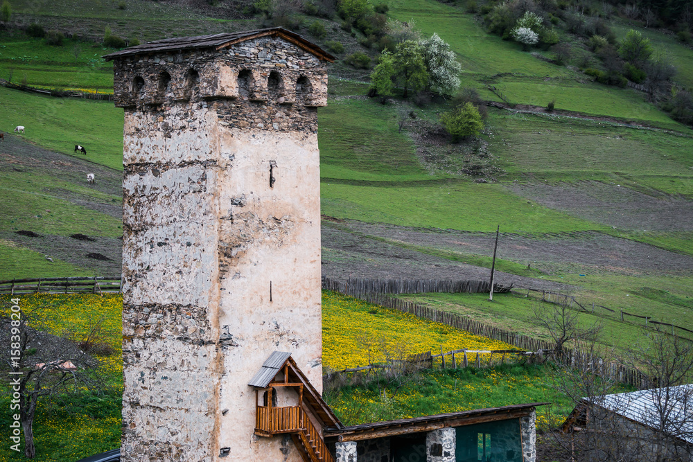 Svan tower in northwest Georgia (Svaneti), in the Caucasus Mountains. Traditional defenses in Georgia.