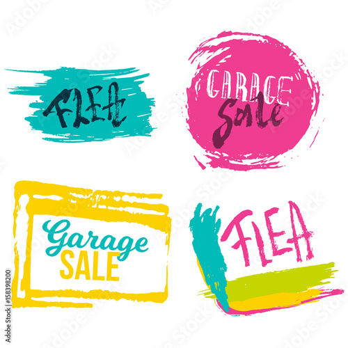 Garage Sale lettering banners set with colorful stains. Flea market advertising modern illustration