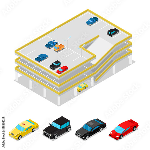 Isometric Car Parking. City Transportation. Multilevel Parking Area. Vector flat 3d illustration