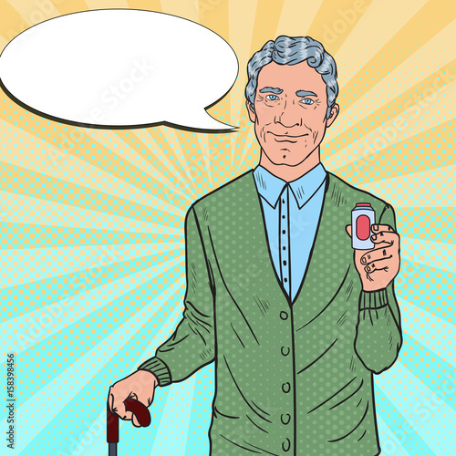 Happy Senior Man with Medications. Health Care. Pop Art Vector illustration