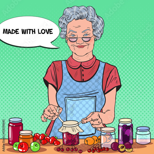 Pop Art Senior Woman Making Homemade Jam. Healthy Eating. Vector illustration