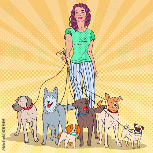 Pop Art Beautiful Woman Walking with Many Dogs of Different Breeds. Vector illustration
