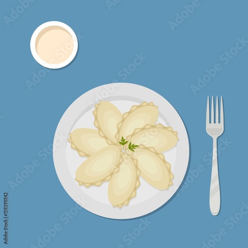 Plate with dumplings on a blue background. There is also a fork and sour cream on the picture. Vector illustration.