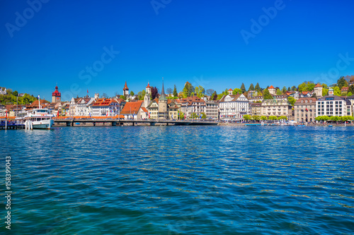 Harbor in Lucerne city with the view of Lucerne lake and promenade.