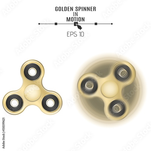 The golden spinner is spinning on a white background. Modern toy antistress for fingers. 3d style. Fast rotation. Isolated on white background. Cover for advertising. Vector illustration