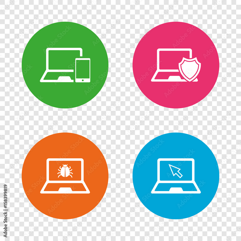 Notebook laptop pc icons. Virus or software bug. Notebook laptop pc icons. Virus or software bug.