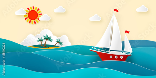 Sailboat in the sea. Sun, clouds, tropical island with a beach and coconut palms. Vector illustration for advertising, travel, tourism, cruises, travel agency, discounts and sales. Paper style 