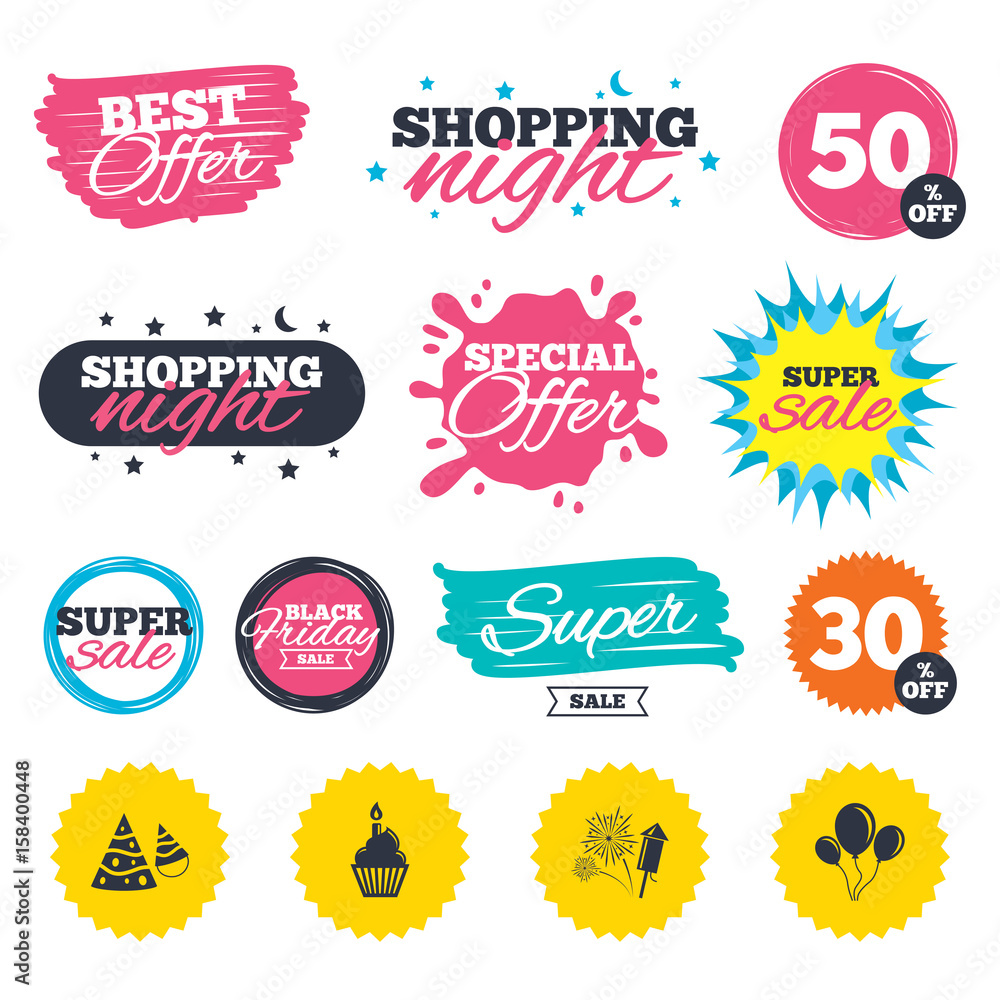 Birthday party. Cake, balloon, hat and fireworks.