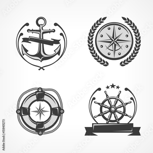 Nautical symbols, anchor, steering wheel, compass, lifebuoy.