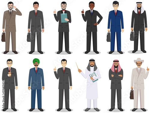 Business team and teamwork concept. Set of detailed illustration of businessmen standing in different positions in flat style on white background. Diverse nationalities and dress styles. Vector