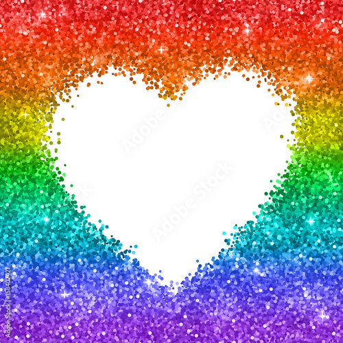 Rainbow glitter heart frame on white background. Vector