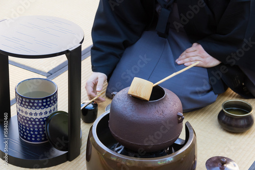 Japanese tea ceremony on the tatami floor mat