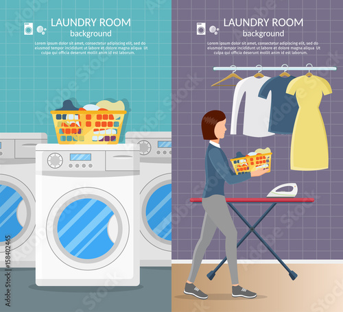 Laundry room interior vector background with iron, washer machine, powder and clothes.