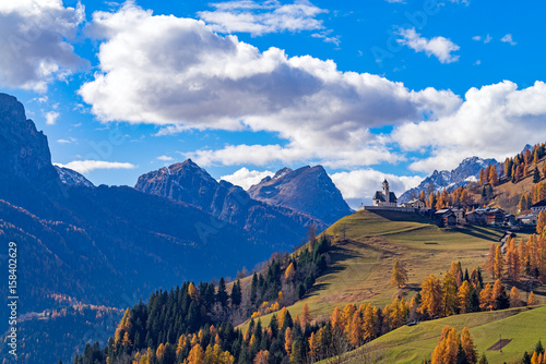 Mountainous landscape with the villages of Colle Santa Lucia and Selva di Cadore, at the Dolomites