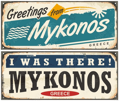 Greetings from Mykonos Greece retro signs design