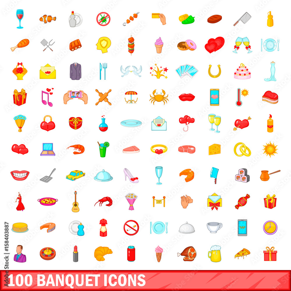 100 banquet icons set, cartoon style 100 banquet icons set, cartoon style