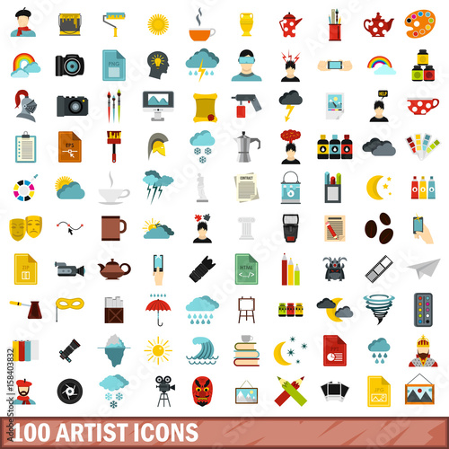 100 artist icons set, flat style