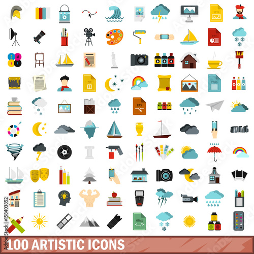 100 artistic icons set, flat style