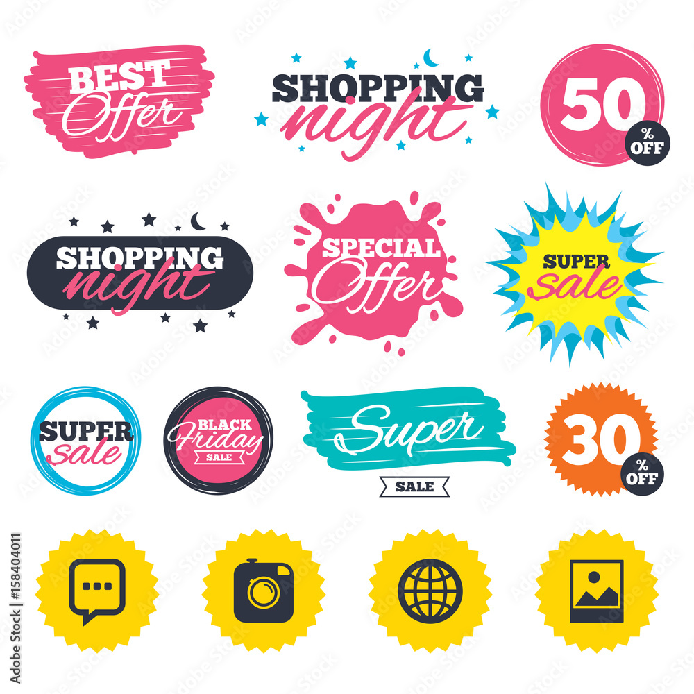 Social media icons. Chat speech bubble and Globe. Social media icons. Chat speech bubble and Globe.