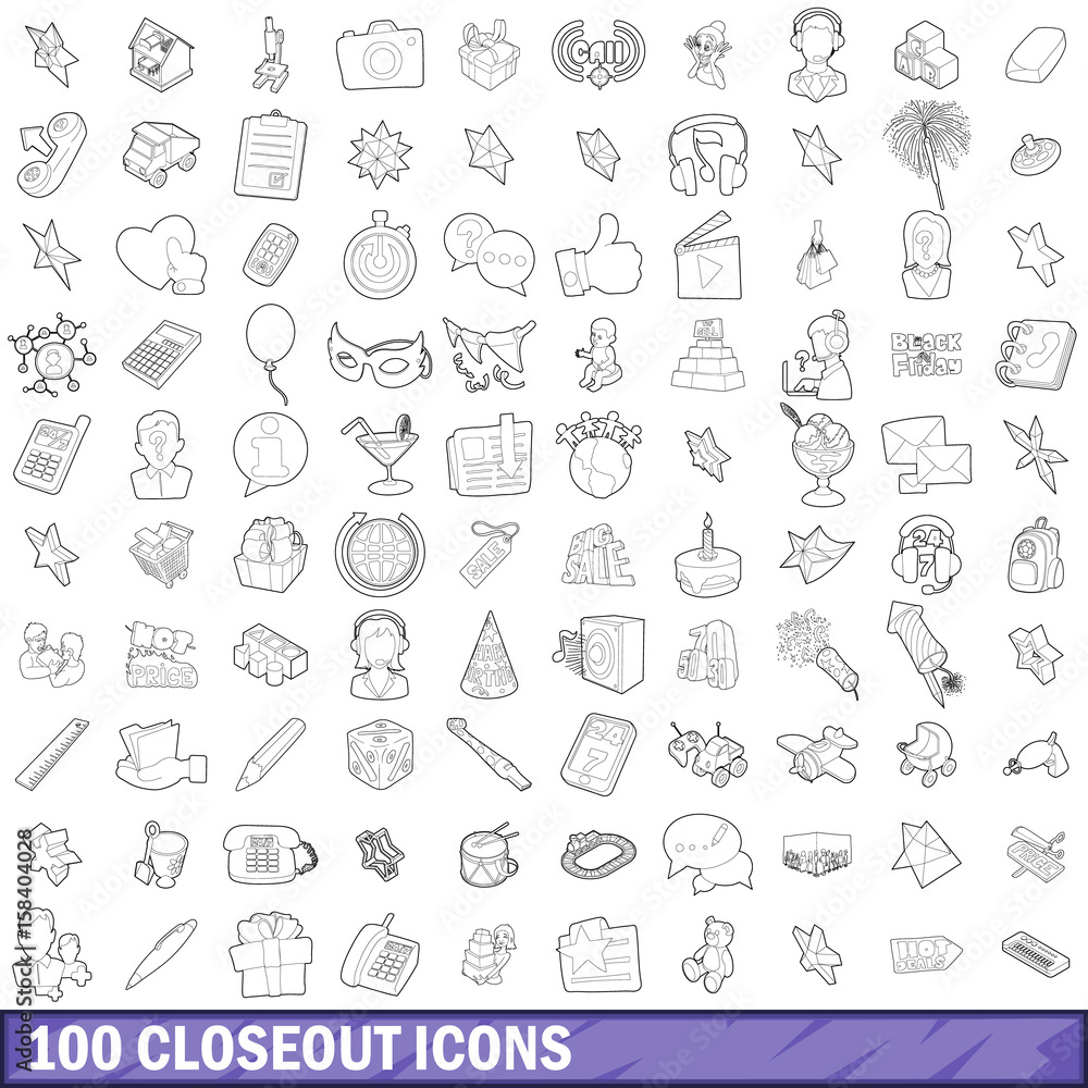 100 closeout icons set, outline style 100 closeout icons set, outline style