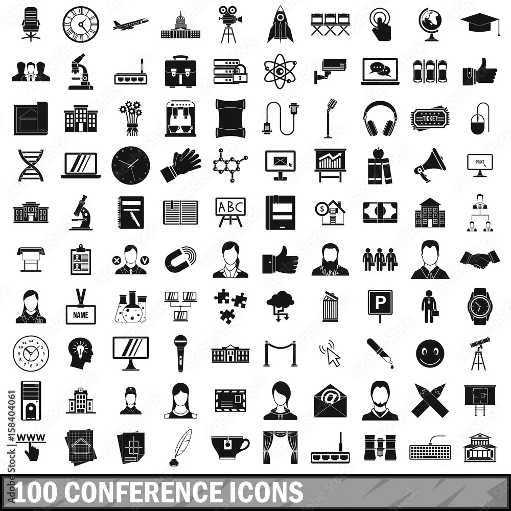 100 conference icons set, simple style 