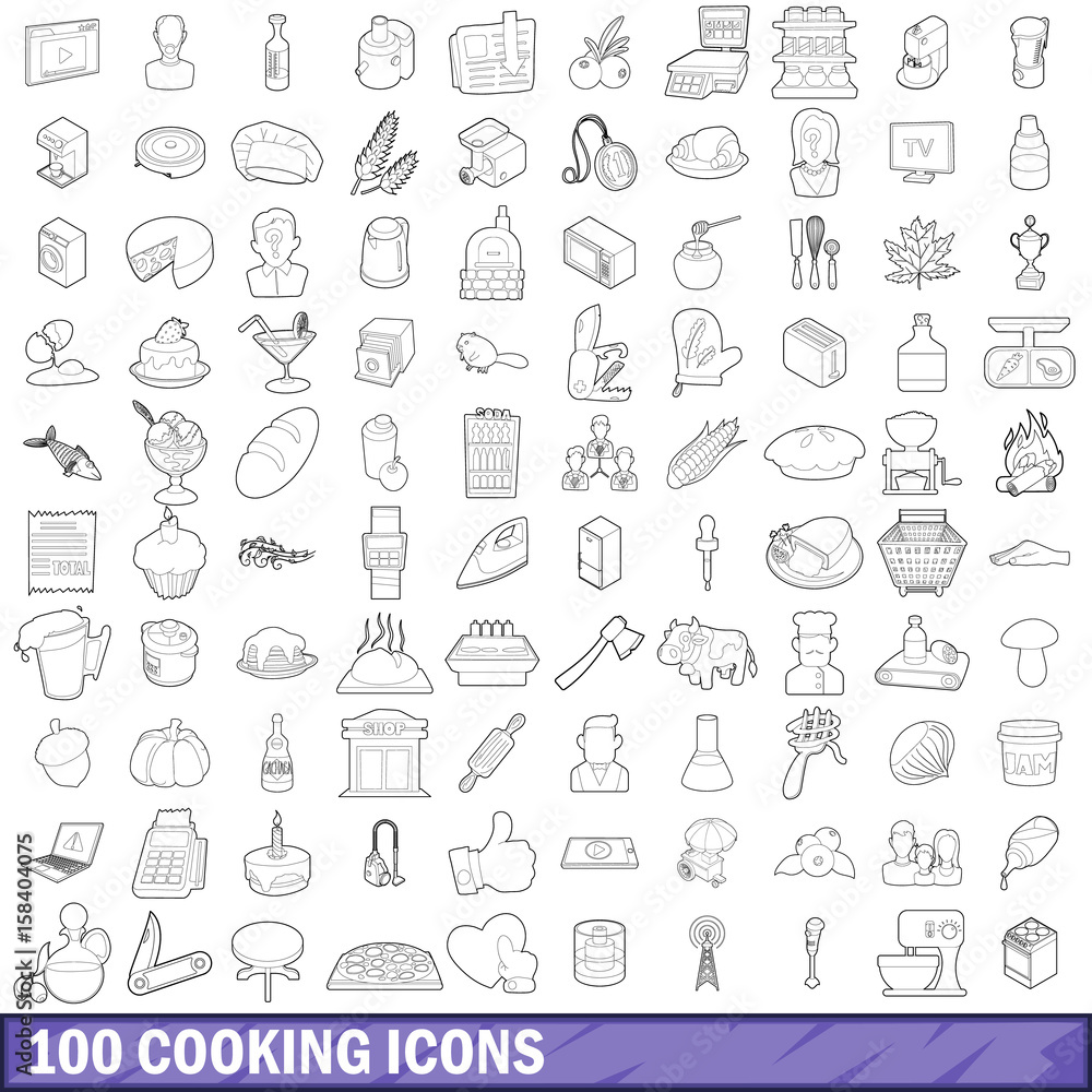 100 cooking icons set, outline style